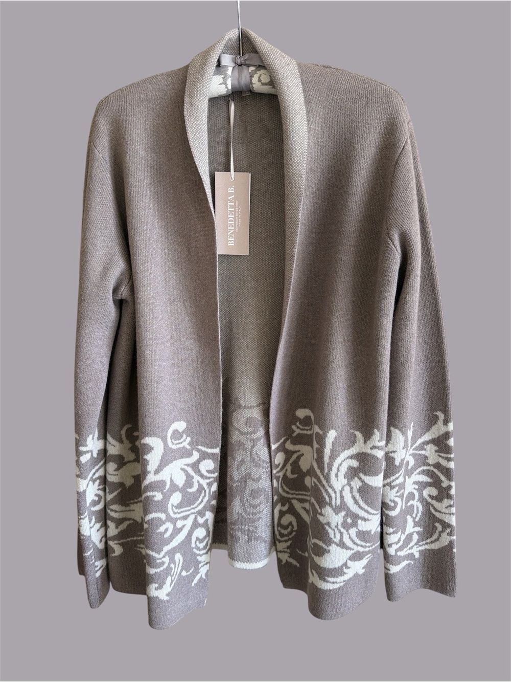 Benedetta B. Taupe Open-Front Cardigan with Cream Floral Hem NWT